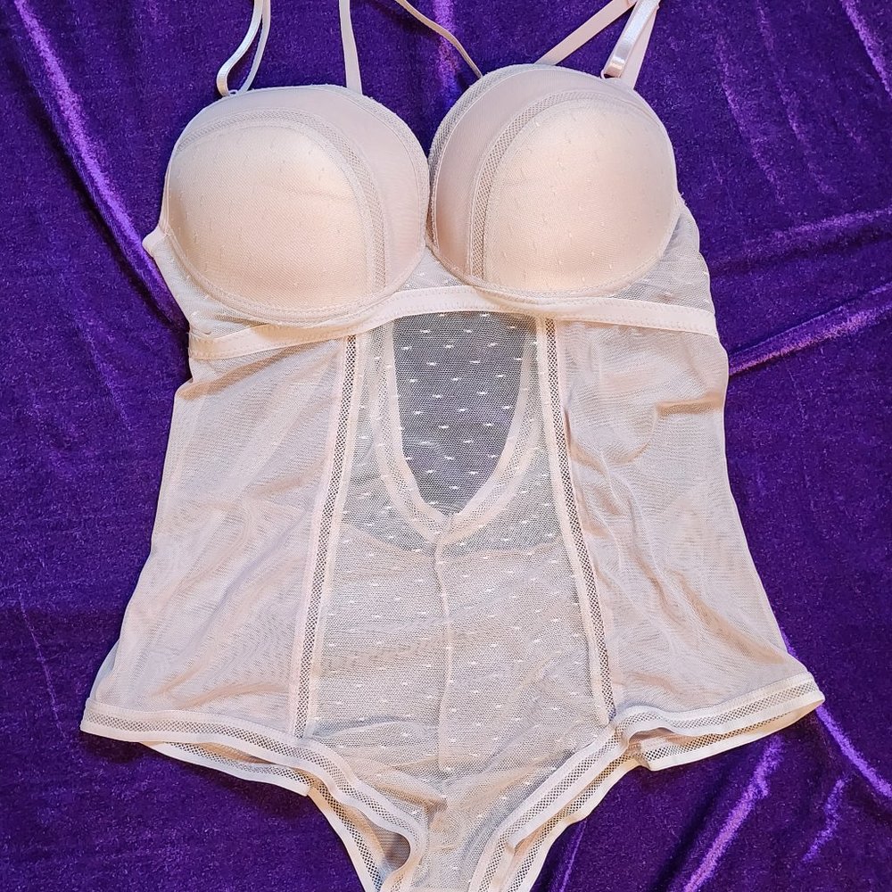 XL/34DD Stretch Mesh Bustier Snap Crotch Bodysuit- UNWORN -repaired factory flaw